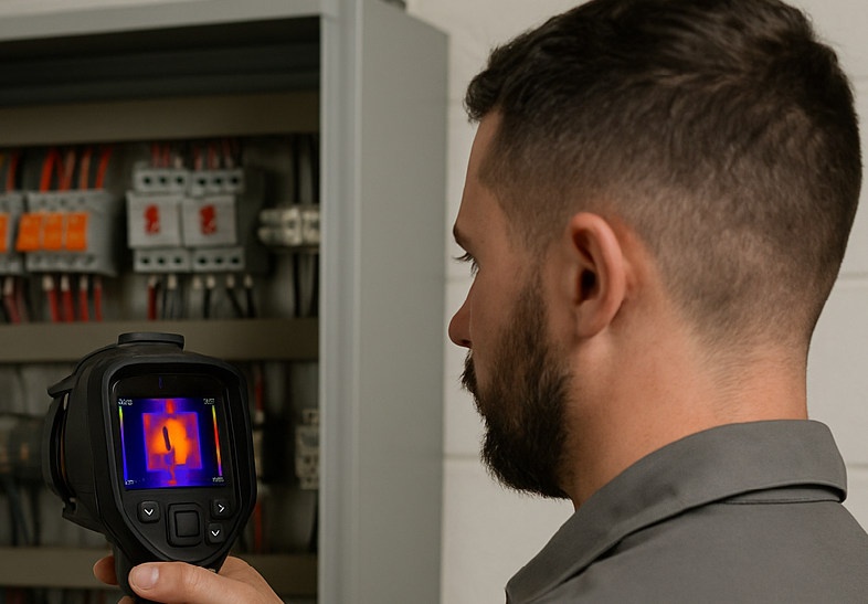 Engenheiro da RANERI realizando inspeção termográfica em painel elétrico industrial em Extrema MG, garantindo segurança e conformidade NR-10 e ABNT.