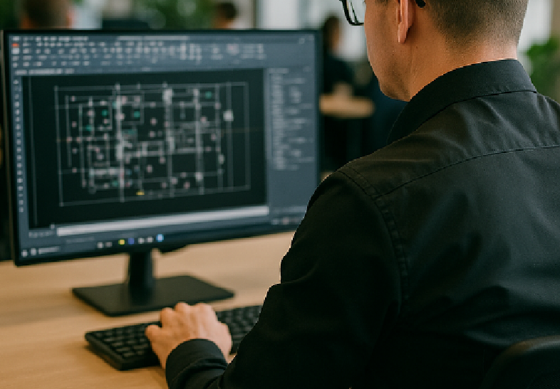 Engenheiro da RANERI desenvolvendo projeto elétrico industrial em Extrema MG com software CAD, voltado à engenharia e manutenção elétrica no Sul de Minas e Vale do Paraíba.