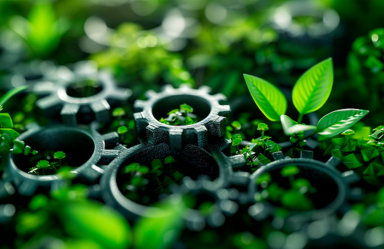 Engrenagens metálicas cobertas por vegetação verde simbolizando o compromisso da RANERI com inovação sustentável, tecnologia limpa e responsabilidade ambiental na engenharia.