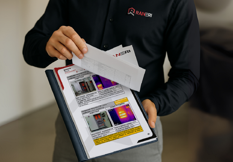 Engenheiro da RANERI apresentando Laudo Termográfico Industrial em Extrema MG, com análise de imagens térmicas conforme normas NR-10 e ABNT NBR 5410.