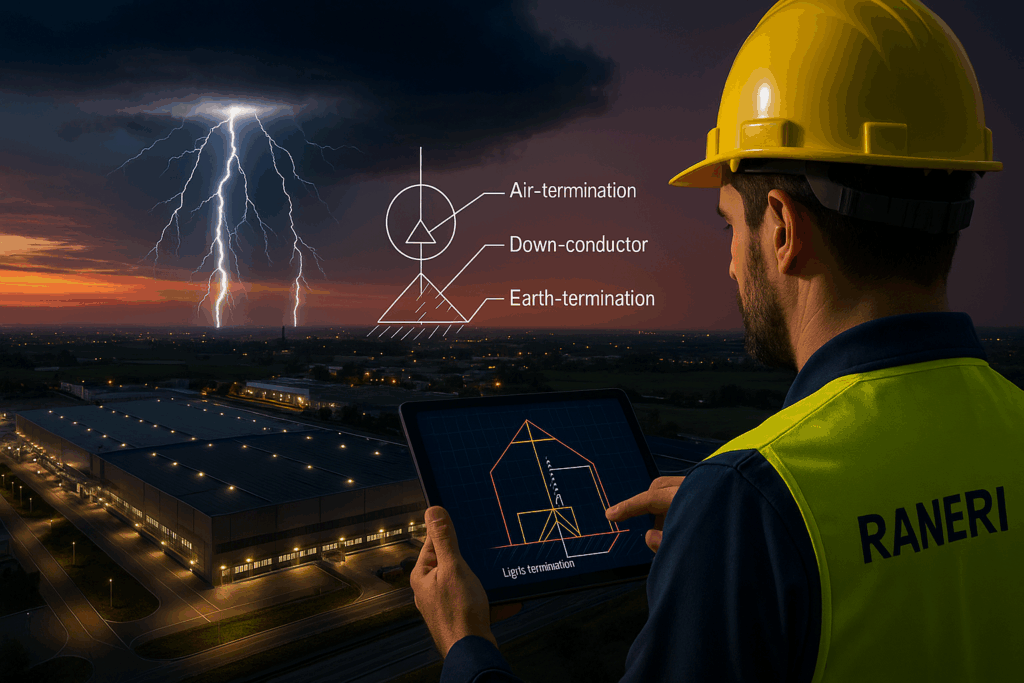 Engenheiro da RANERI analisa projeto de SPDA em complexo industrial durante tempestade, com raios ao fundo e esquema técnico de captação e aterramento conforme NBR 5419.