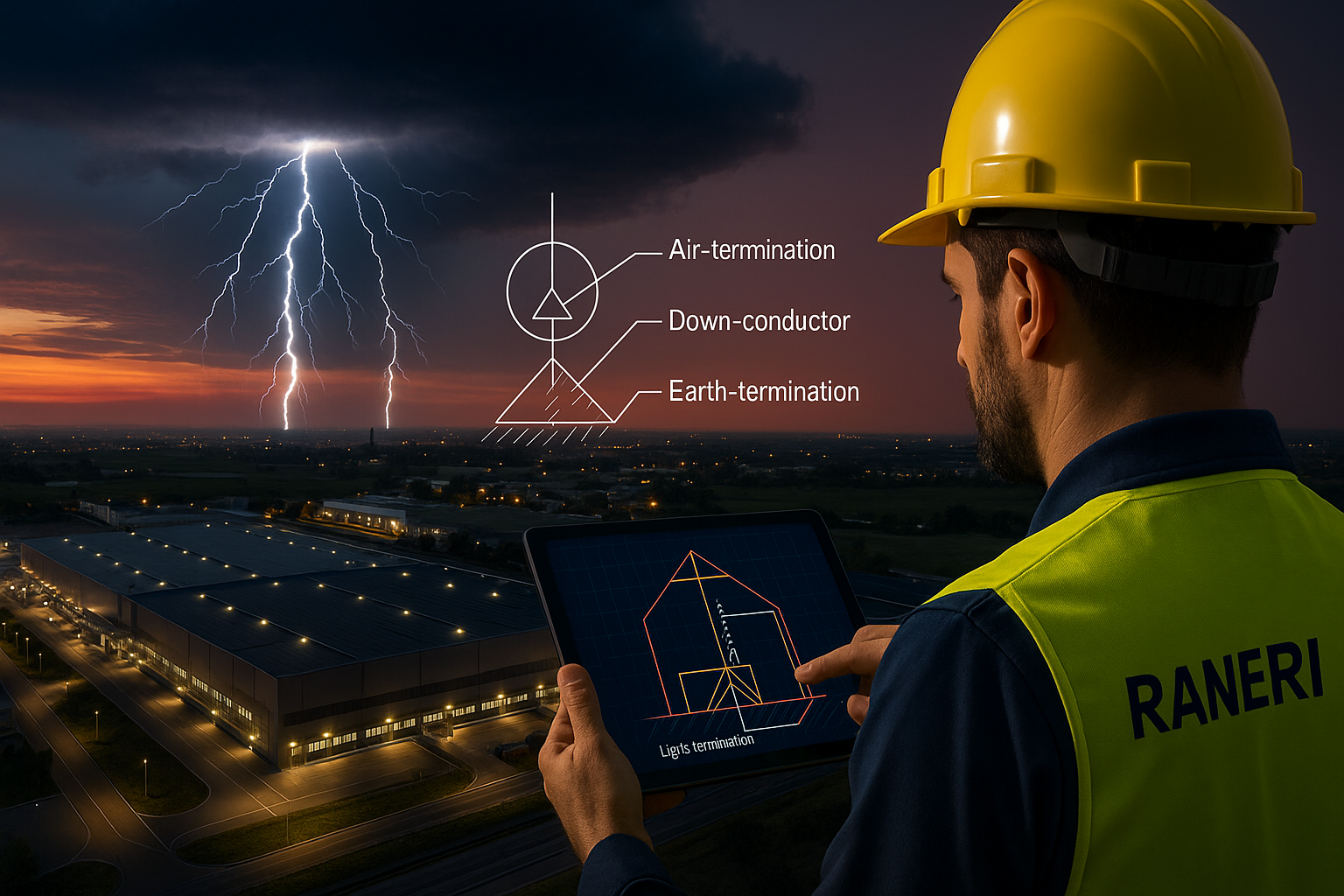 Engenheiro da RANERI analisa projeto de SPDA em complexo industrial durante tempestade, com raios ao fundo e esquema técnico de captação e aterramento conforme NBR 5419.