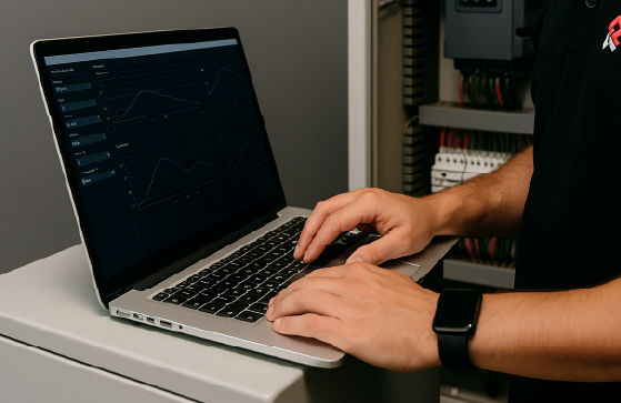 Profissional da RANERI configurando parâmetros em notebook conectado a painel elétrico industrial, simbolizando soluções customizadas e tecnologia de engenharia sob medida.